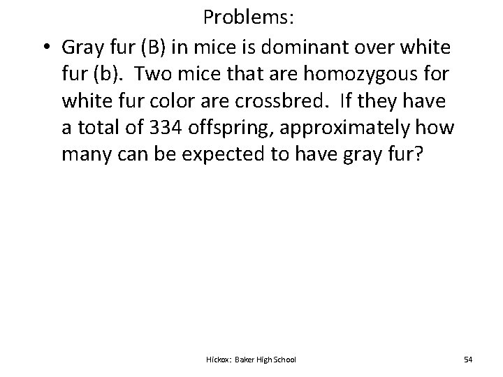 Problems: • Gray fur (B) in mice is dominant over white fur (b). Two