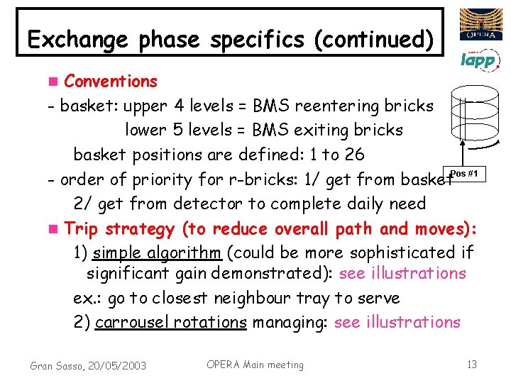 Exchange phase specifics (continued) Conventions - basket: upper 4 levels = BMS reentering bricks