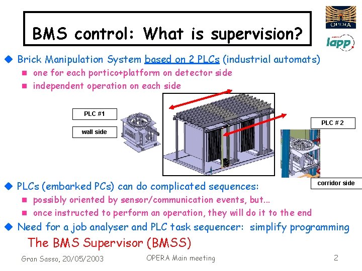 BMS control: What is supervision? u Brick Manipulation System based on 2 PLCs (industrial