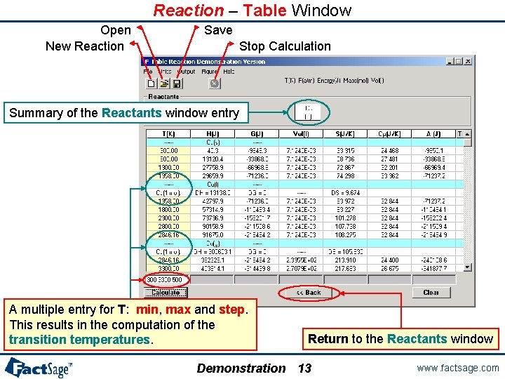 Reaction – Table Window Open New Reaction Save Stop Calculation Summary of the Reactants