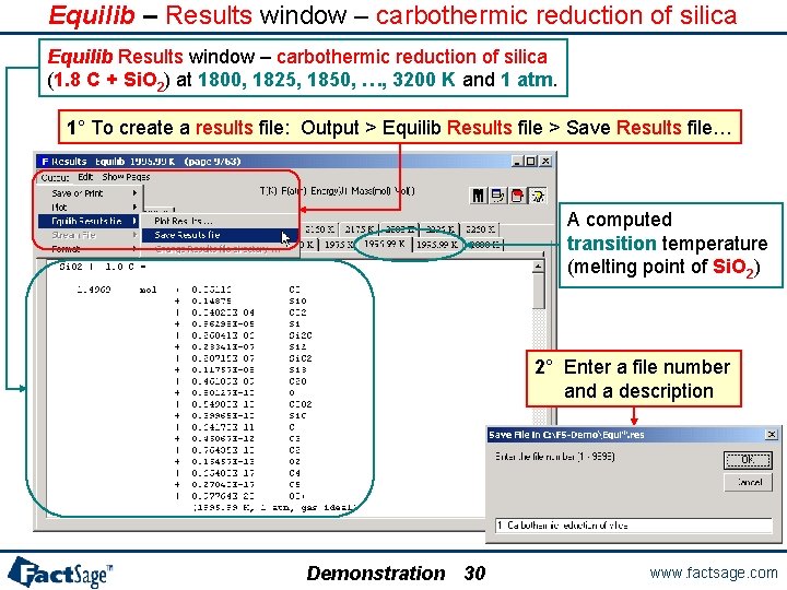 Equilib – Results window – carbothermic reduction of silica Equilib Results window – carbothermic