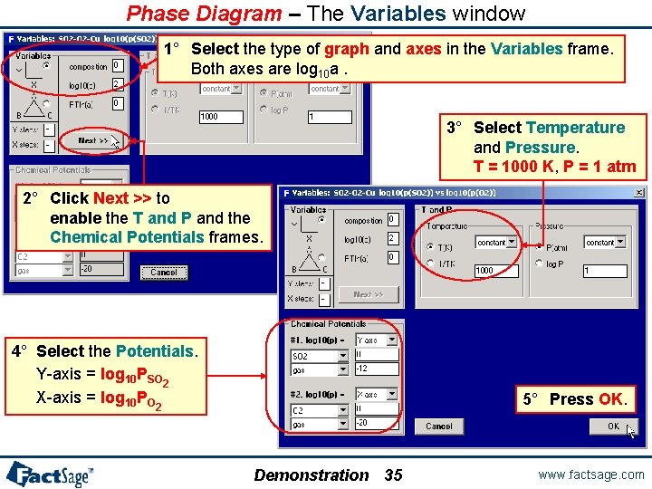 Phase Diagram – The Variables window 1° Select the type of graph and axes