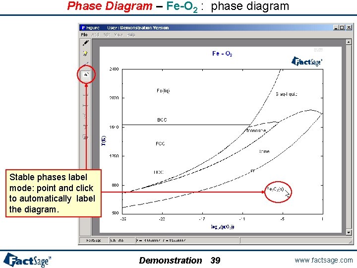 Phase Diagram – Fe-O 2 : phase diagram Stable phases label mode: point and