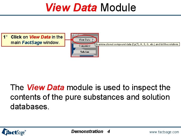 View Data Module 1° Click on View Data in the main Fact. Sage window.