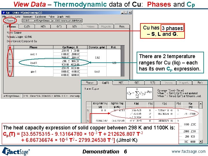 View Data – Thermodynamic data of Cu: Phases and Cp Cu has 33 phases