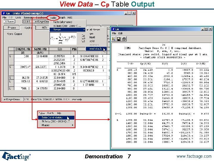 View Data – Cp Table Output Demonstration 7 www. factsage. com 