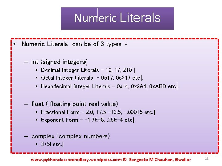 Numeric Literals • Numeric Literals can be of 3 types – int (signed integers(