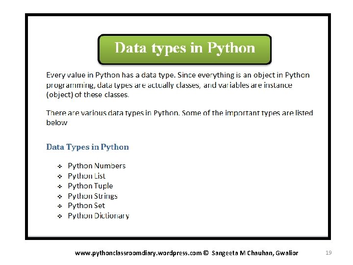 www. pythonclassroomdiary. wordpress. com © Sangeeta M Chauhan, Gwalior 19 www. pythonclassroomdiary. wordpress. com © Sangeeta M Chauhan, Gwalior 19