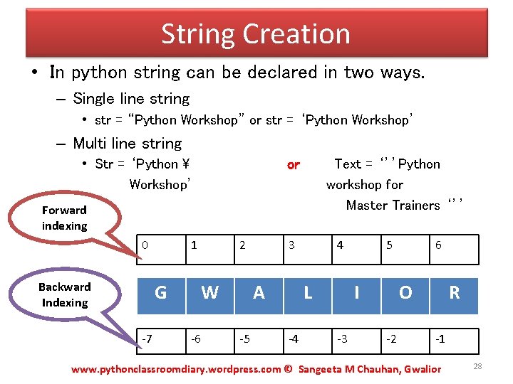 String Creation • In python string can be declared in two ways. – Single String Creation • In python string can be declared in two ways. – Single