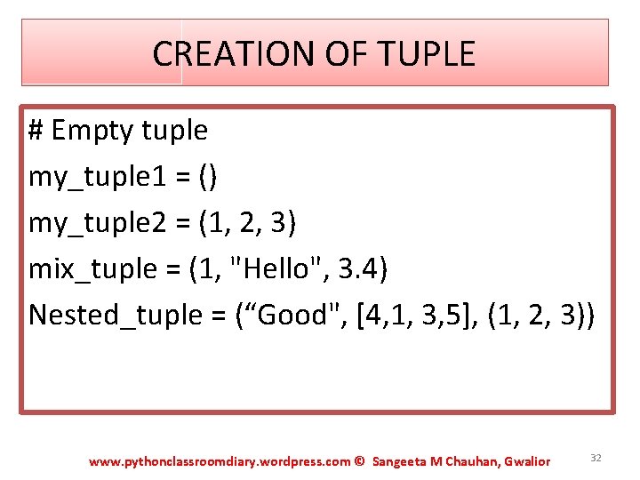 CREATION OF TUPLE # Empty tuple my_tuple 1 = () my_tuple 2 = (1,