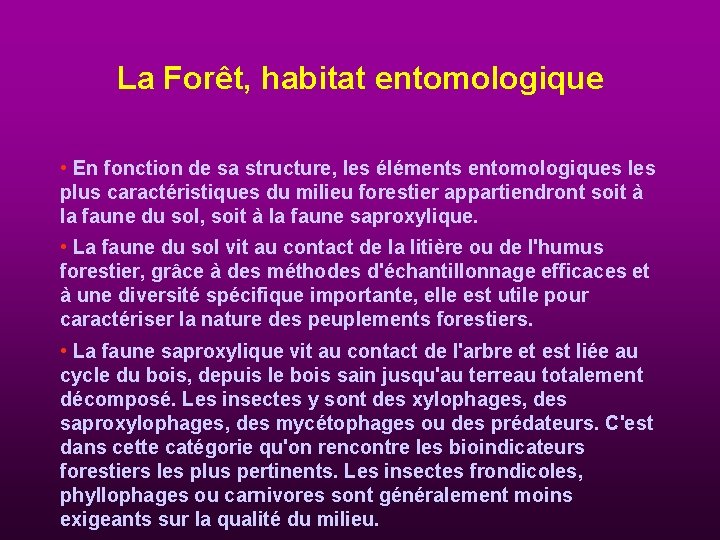 La Forêt, habitat entomologique • En fonction de sa structure, les éléments entomologiques les