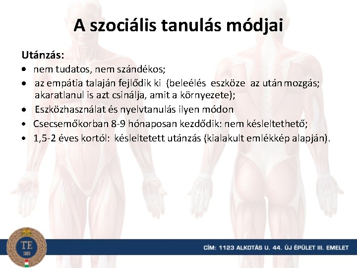 A szociális tanulás módjai Utánzás: nem tudatos, nem szándékos; az empátia talaján fejlődik ki