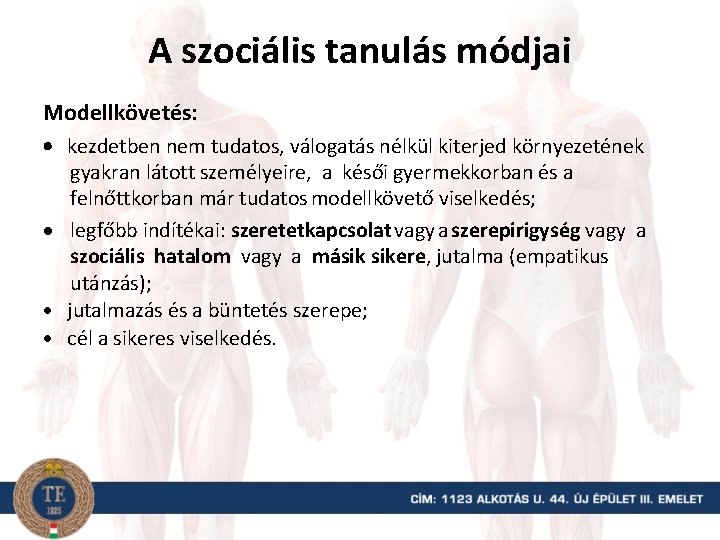 A szociális tanulás módjai Modellkövetés: kezdetben nem tudatos, válogatás nélkül kiterjed környezetének gyakran látott