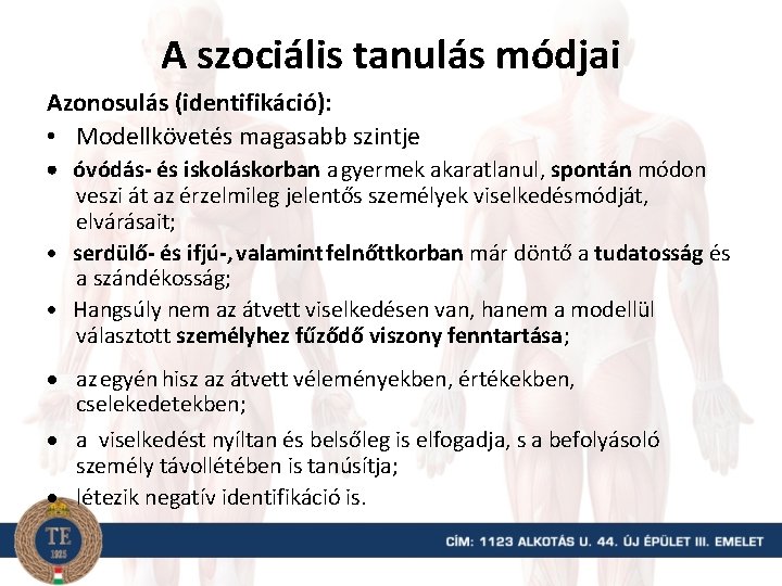 A szociális tanulás módjai Azonosulás (identifikáció): • Modellkövetés magasabb szintje óvódás- és iskoláskorban a