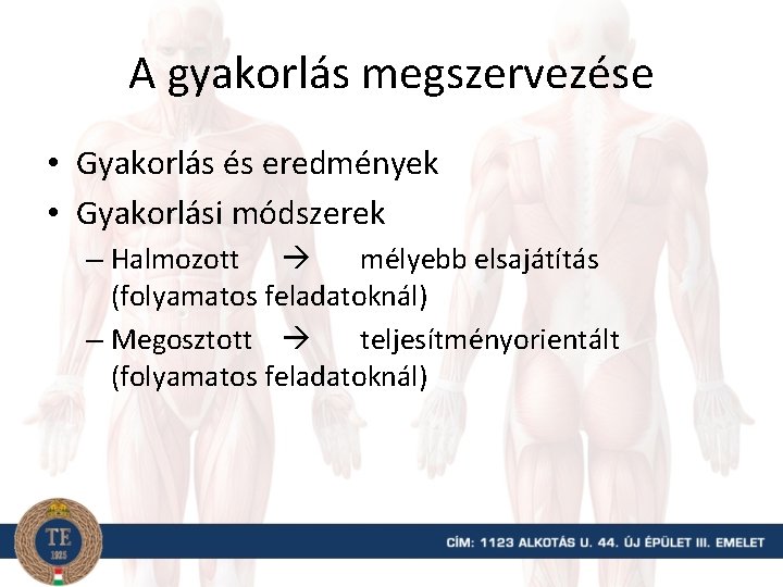 A gyakorlás megszervezése • Gyakorlás és eredmények • Gyakorlási módszerek – Halmozott mélyebb elsajátítás