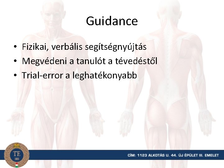 Guidance • Fizikai, verbális segítségnyújtás • Megvédeni a tanulót a tévedéstől • Trial-error a