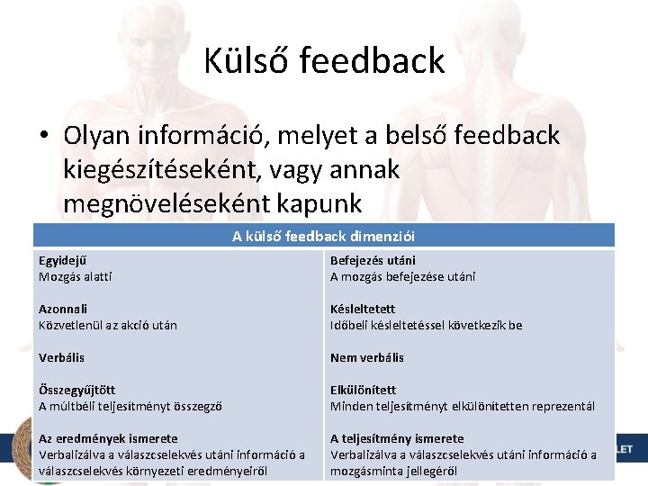 Külső feedback • Olyan információ, melyet a belső feedback kiegészítéseként, vagy annak megnöveléseként kapunk