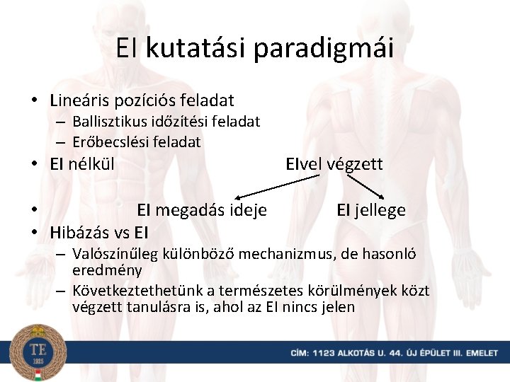 EI kutatási paradigmái • Lineáris pozíciós feladat – Ballisztikus időzítési feladat – Erőbecslési feladat