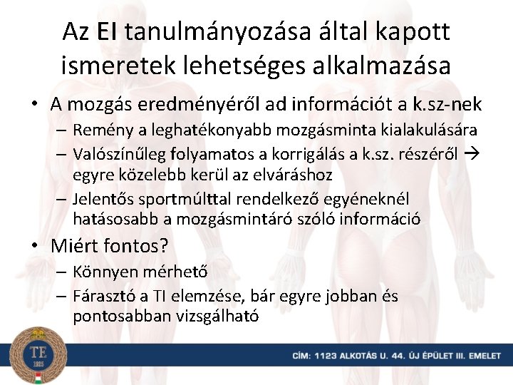 Az EI tanulmányozása által kapott ismeretek lehetséges alkalmazása • A mozgás eredményéről ad információt