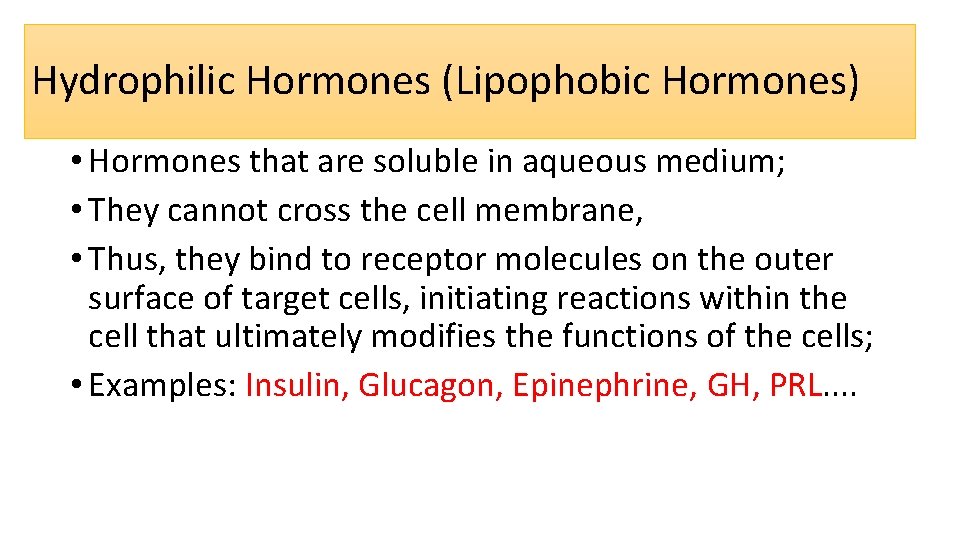 Hydrophilic Hormones (Lipophobic Hormones) • Hormones that are soluble in aqueous medium; • They