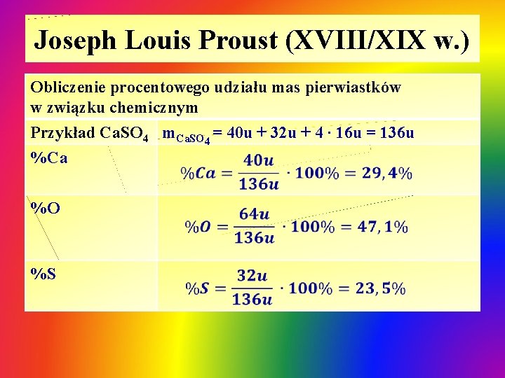 Joseph Louis Proust (XVIII/XIX w. ) Obliczenie procentowego udziału mas pierwiastków w związku chemicznym