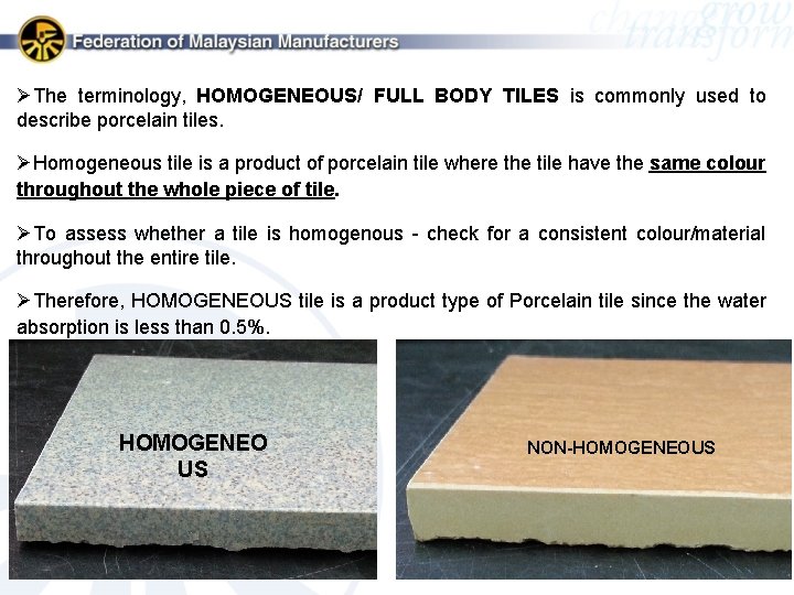 ØThe terminology, HOMOGENEOUS/ FULL BODY TILES is commonly used to describe porcelain tiles. ØHomogeneous