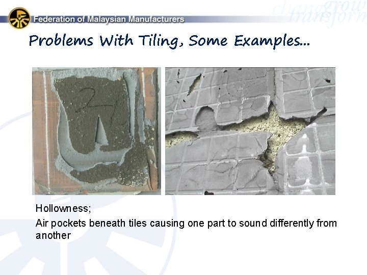 Problems With Tiling, Some Examples. . . Hollowness; Air pockets beneath tiles causing one