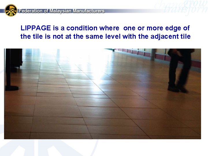 LIPPAGE is a condition where one or more edge of the tile is not