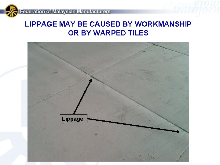 LIPPAGE MAY BE CAUSED BY WORKMANSHIP OR BY WARPED TILES Lippage 