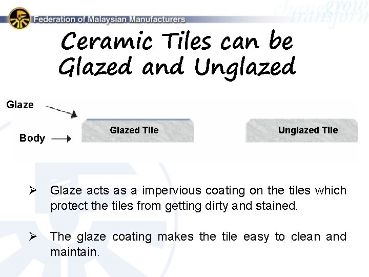 Ceramic Tiles can be Glazed and Unglazed Glaze Body Glazed Tile Unglazed Tile Ø