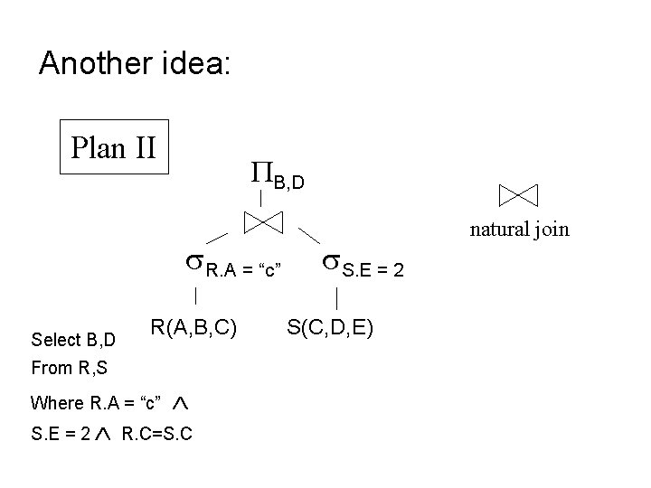Another idea: Plan II B, D R. A = “c” Select B, D R(A,