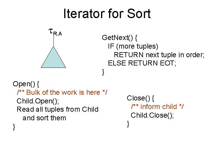 Iterator for Sort R. A Get. Next() { IF (more tuples) RETURN next tuple