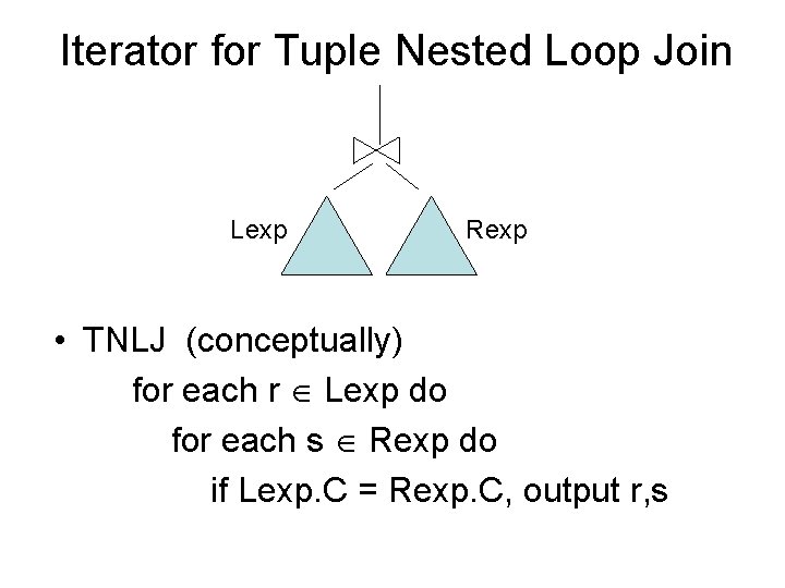 Iterator for Tuple Nested Loop Join Lexp Rexp • TNLJ (conceptually) for each r