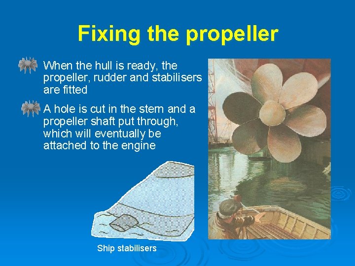 Fixing the propeller - When the hull is ready, the propeller, rudder and stabilisers
