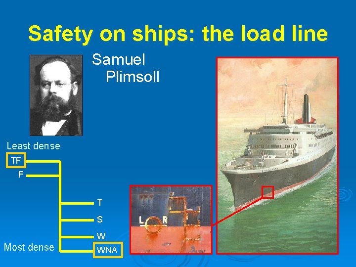 Safety on ships: the load line Samuel Plimsoll Least dense TF F T S