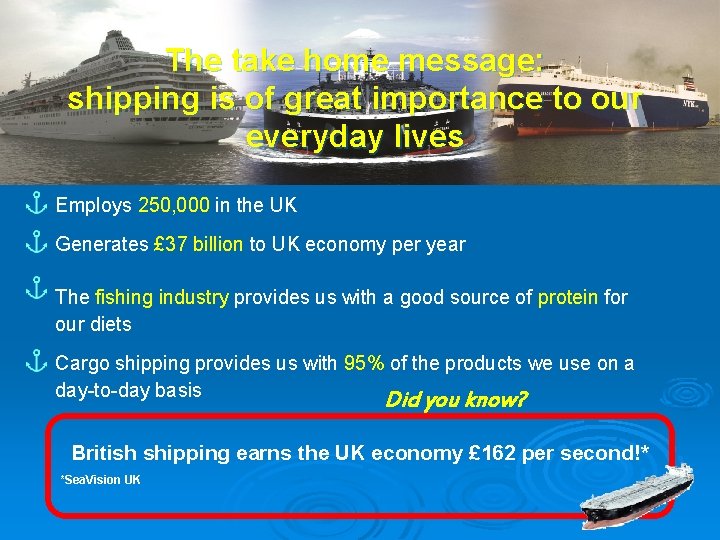 The take home message: shipping is of great importance to our everyday lives Employs