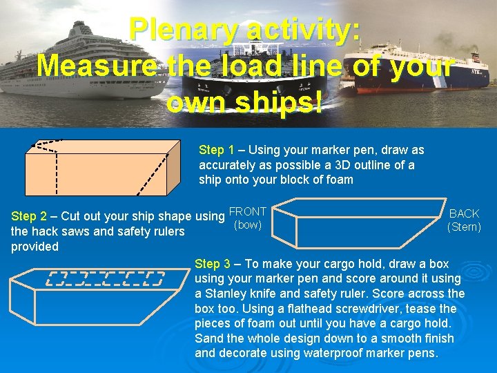 Plenary activity: Measure the load line of your own ships! Step 1 – Using