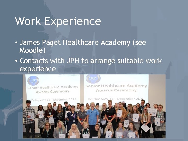 Work Experience • James Paget Healthcare Academy (see Moodle) • Contacts with JPH to