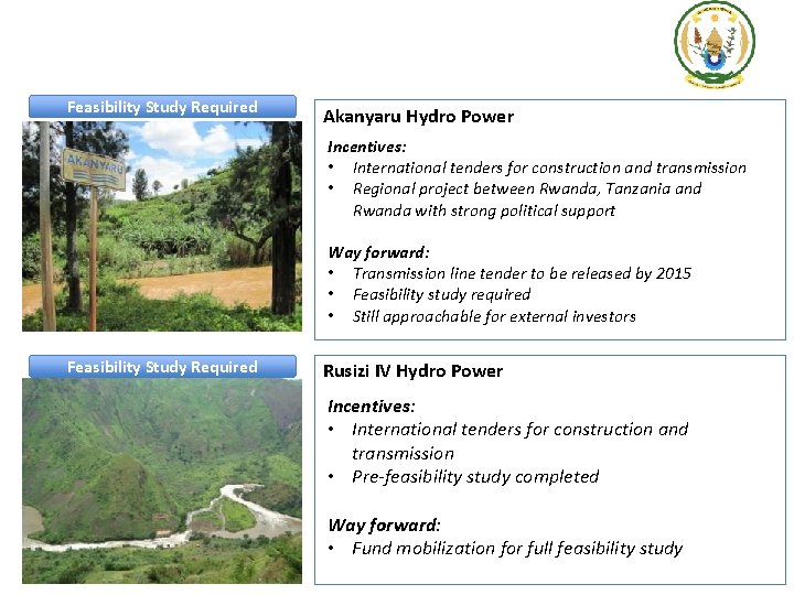 Feasibility Study Required Akanyaru Hydro Power Incentives: • International tenders for construction and transmission