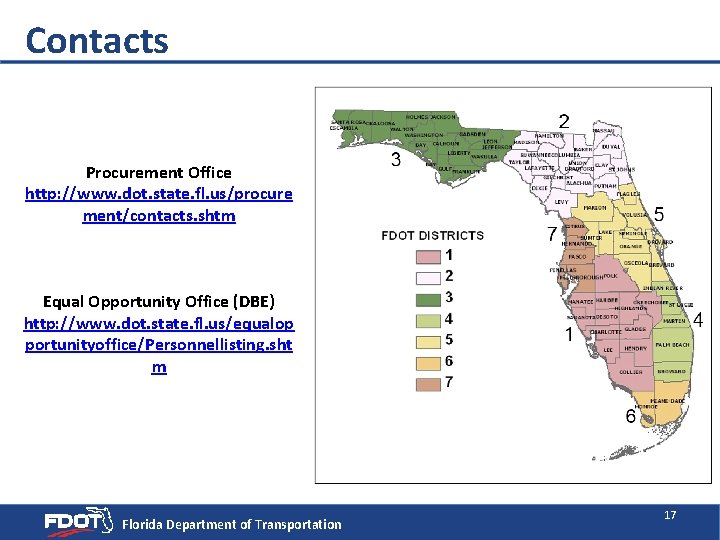 Contacts Procurement Office http: //www. dot. state. fl. us/procure ment/contacts. shtm Equal Opportunity Office