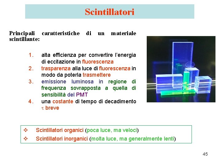 Scintillatori Principali caratteristiche di un materiale scintillante: 1. 2. 3. 4. alta efficienza per