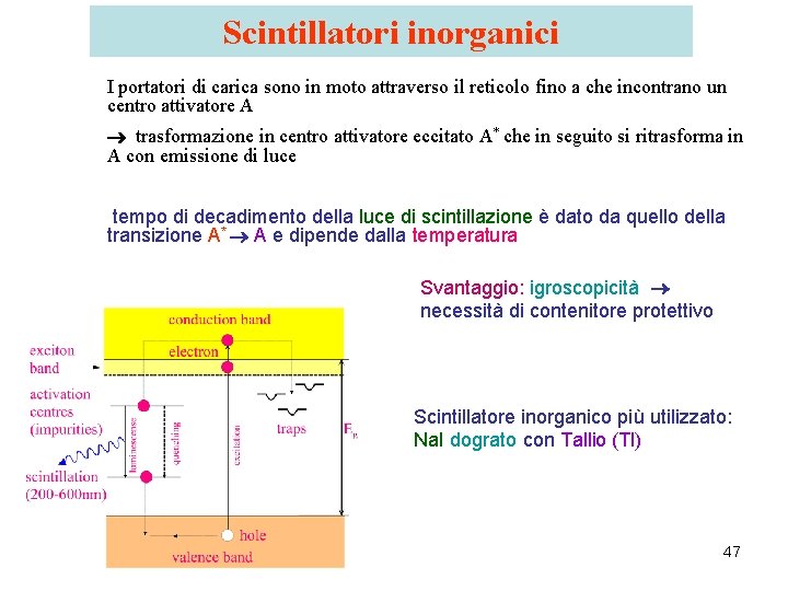 Scintillatori inorganici I portatori di carica sono in moto attraverso il reticolo fino a