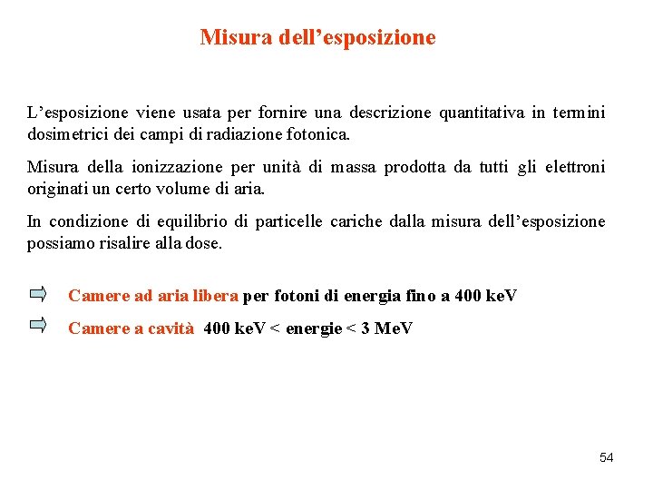 Misura dell’esposizione L’esposizione viene usata per fornire una descrizione quantitativa in termini dosimetrici dei