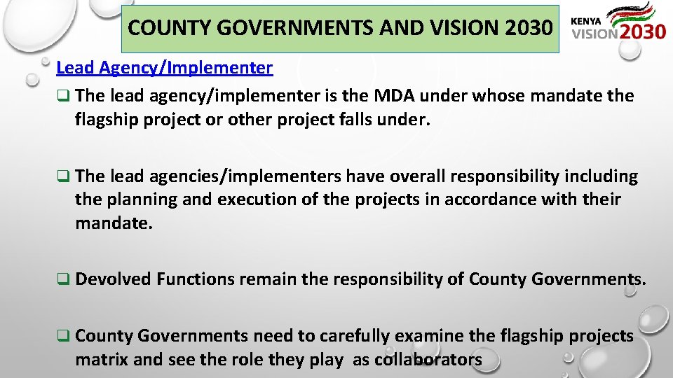 COUNTY GOVERNMENTS AND VISION 2030 Lead Agency/Implementer q The lead agency/implementer is the MDA