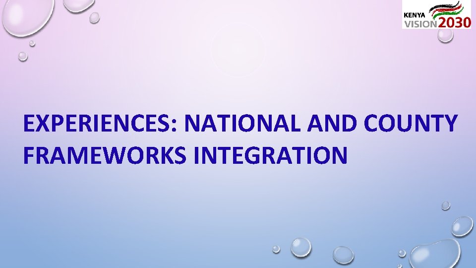 EXPERIENCES: NATIONAL AND COUNTY FRAMEWORKS INTEGRATION 