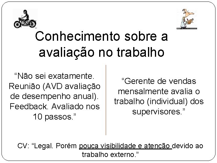 Conhecimento sobre a avaliação no trabalho “Não sei exatamente. Reunião (AVD avaliação de desempenho Conhecimento sobre a avaliação no trabalho “Não sei exatamente. Reunião (AVD avaliação de desempenho