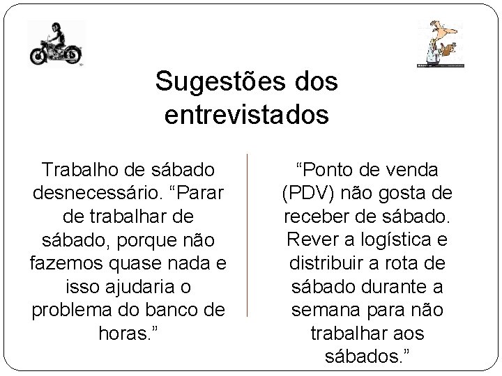 Sugestões dos entrevistados Trabalho de sábado desnecessário. “Parar de trabalhar de sábado, porque não Sugestões dos entrevistados Trabalho de sábado desnecessário. “Parar de trabalhar de sábado, porque não