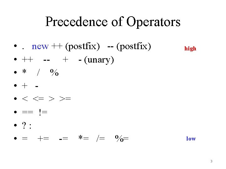 Precedence of Operators • • . new ++ (postfix) -- (postfix) ++ -- +