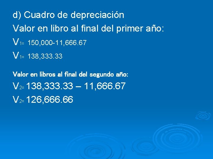 d) Cuadro de depreciación Valor en libro al final del primer año: V 1=