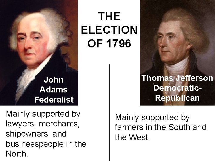 THE ELECTION OF 1796 John Adams Federalist Mainly supported by lawyers, merchants, shipowners, and